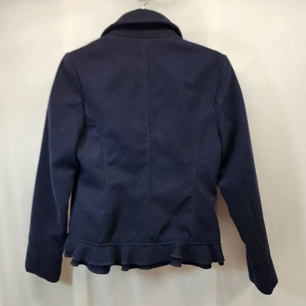 Prévue Navy Ruffle Hem Peacoat Jacket Medium Gold Button Double Breasted - Picture 2 of 8